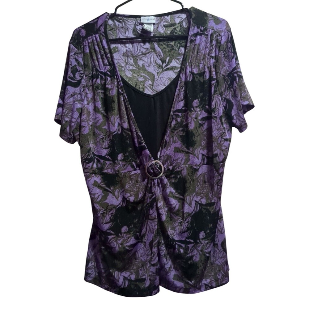 Jaclyn Smith Deep V-neck Knit Top Faux Undershirt Metal Detail Size XXL